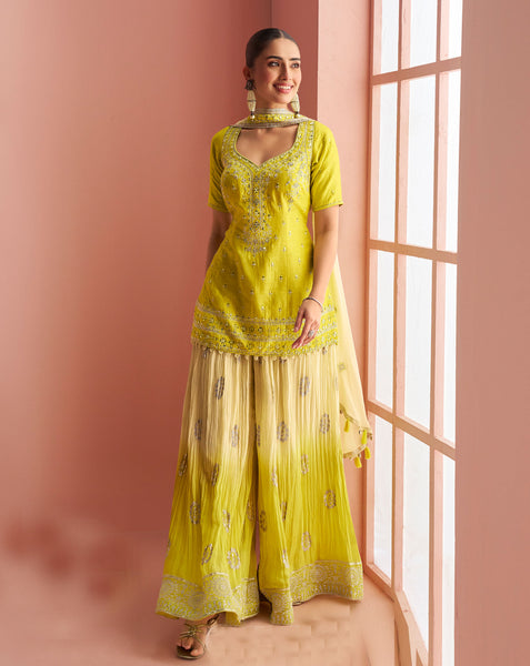 Yellow Silk Readymade Woman Short Kurta With Palazzo & Embroidered Dupatta