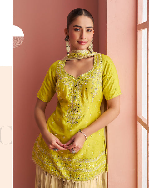 Yellow Silk Readymade Woman Short Kurta With Palazzo & Embroidered Dupatta