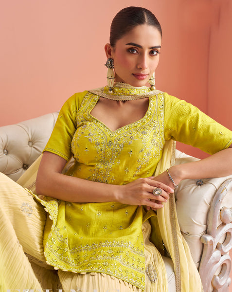 Yellow Silk Readymade Woman Short Kurta With Palazzo & Embroidered Dupatta