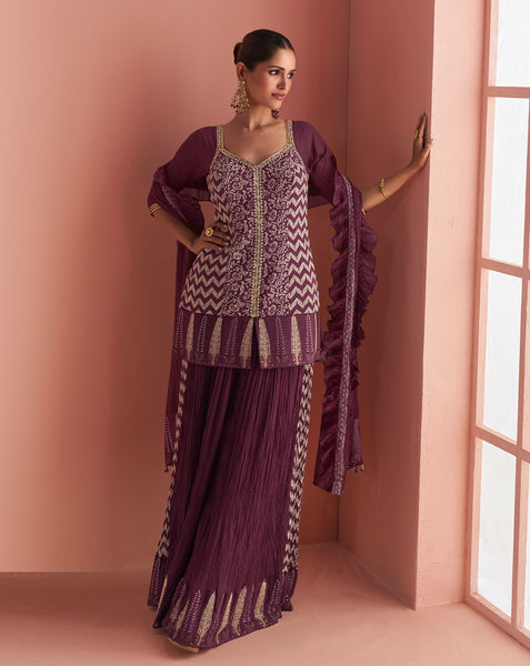 Purple Chinnon Silk Readymade Woman Short Kurta With Palazzo & Ruffled Dupatta