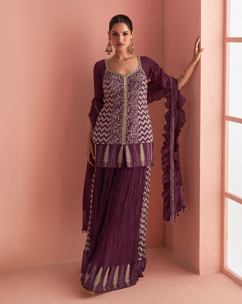 Purple Chinnon Silk Readymade Woman Short Kurta With Palazzo & Ruffled Dupatta