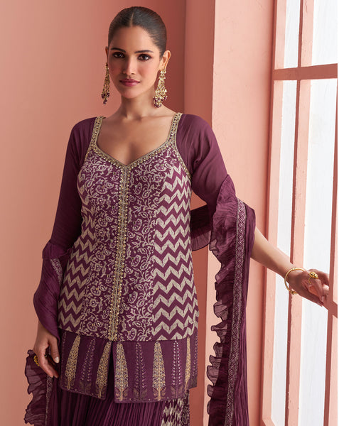 Purple Chinnon Silk Readymade Woman Short Kurta With Palazzo & Ruffled Dupatta