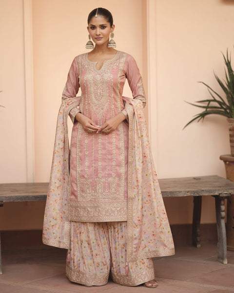 Baby Pink Simar Silk Readymade Woman Palazzo Suit With Printed Dupatta