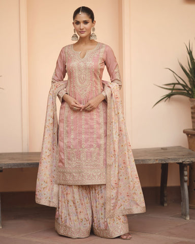Baby Pink Simar Silk Readymade Woman Palazzo Suit With Printed Dupatta
