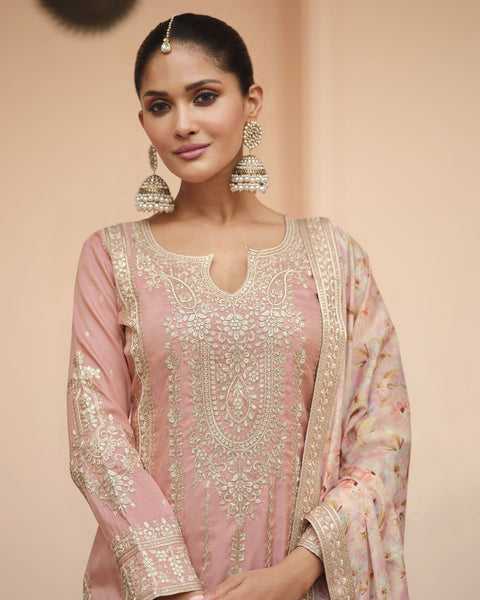 Baby Pink Simar Silk Readymade Woman Palazzo Suit With Printed Dupatta