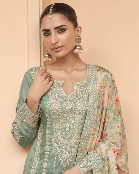 Light Green Simar Silk Readymade Woman Palazzo Suit With Printed Dupatta