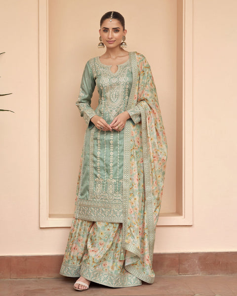 Light Green Simar Silk Readymade Woman Palazzo Suit With Printed Dupatta