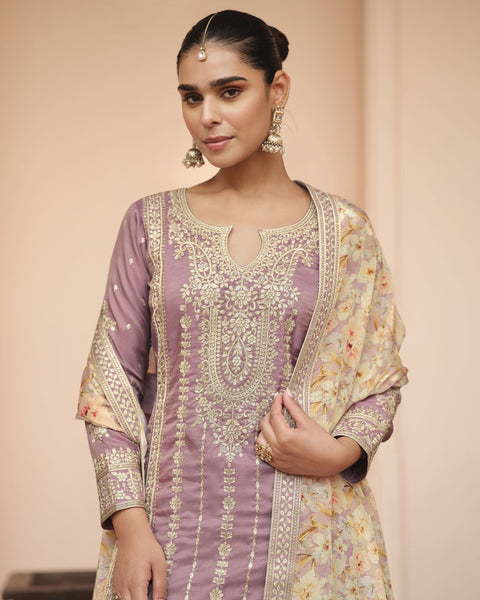 Lavender Simar Silk Readymade Woman Palazzo Suit With Printed Dupatta
