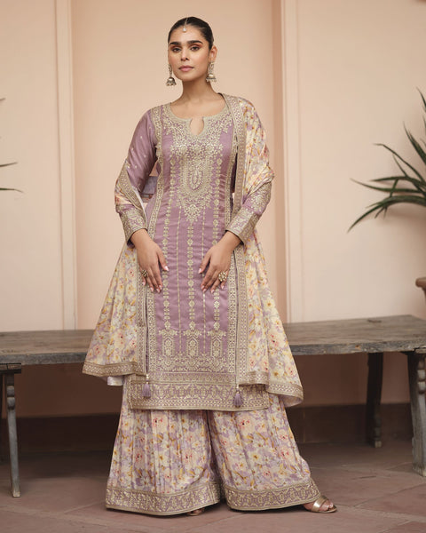 Lavender Simar Silk Readymade Woman Palazzo Suit With Printed Dupatta