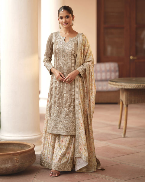 Beige Simar Silk Readymade Woman Palazzo Suit With Printed Dupatta
