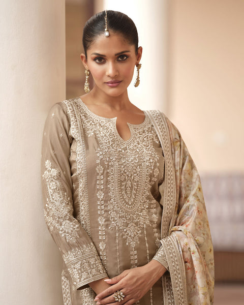 Beige Simar Silk Readymade Woman Palazzo Suit With Printed Dupatta