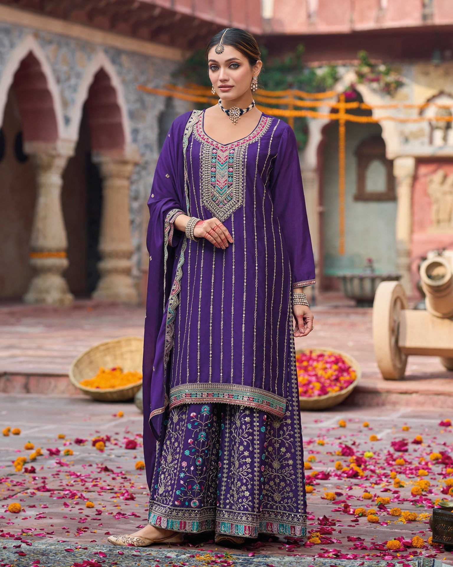 Purple Chinnon Thread Sequins & Coding Work Women Readymade Palazzo Suit With Cut Work Dupatta