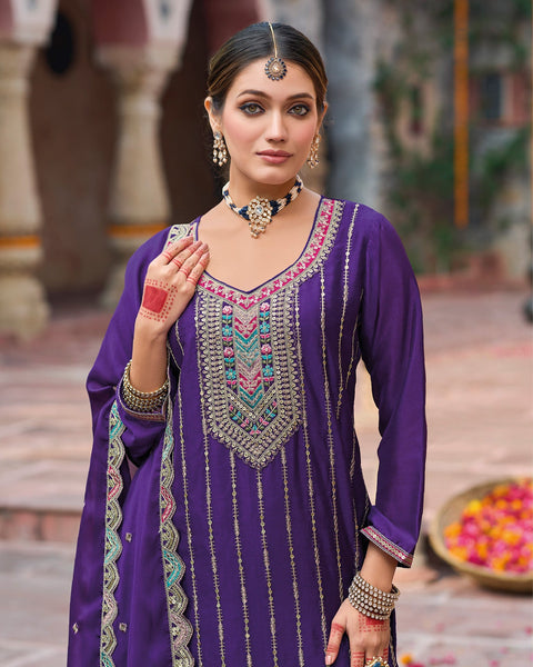 Purple Chinnon Thread Sequins & Coding Work Women Readymade Palazzo Suit With Cut Work Dupatta