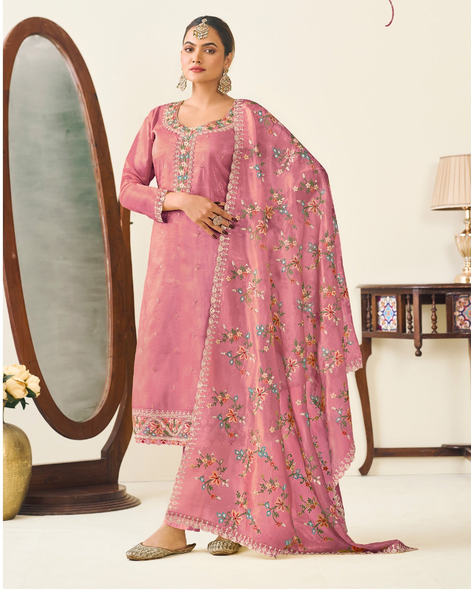 Pink Crushed Silk Thread Work Women Unstitched Churidar Suit