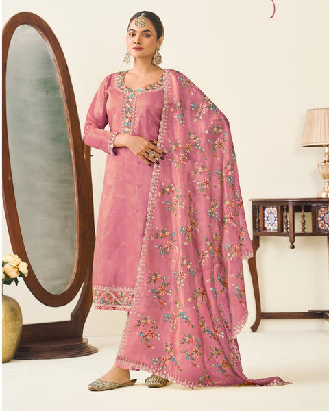 Pink Crushed Silk Thread Work Women Unstitched Churidar Suit