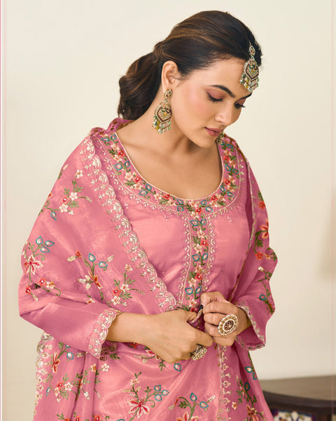 Pink Crushed Silk Thread Work Women Unstitched Churidar Suit