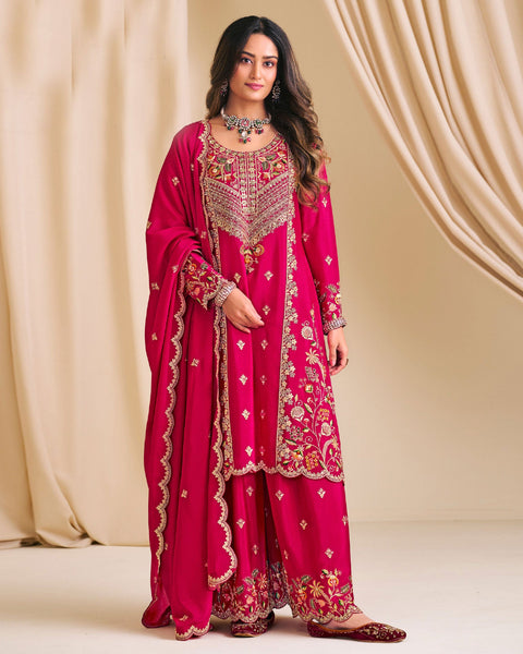Red Chinnon Silk Readymade Woman Palazzo Suit With Embroidered Dupatta
