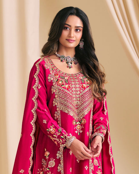 Red Chinnon Silk Readymade Woman Palazzo Suit With Embroidered Dupatta