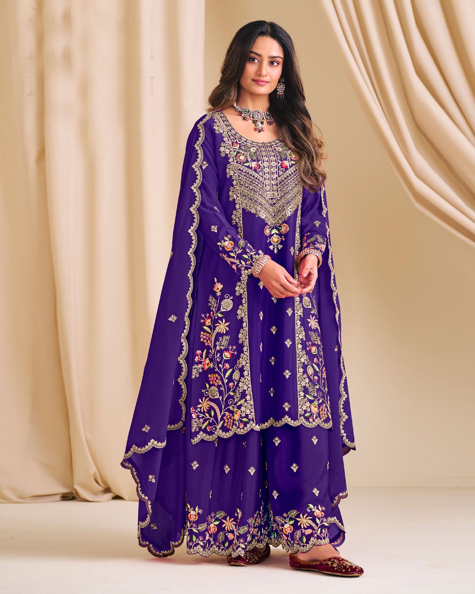 Blue Chinnon Silk Readymade Woman Palazzo Suit With Embroidered Dupatta