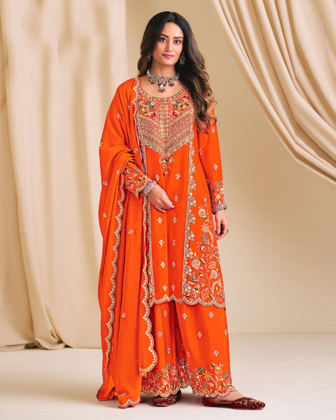 Orange Chinnon Silk Readymade Woman Palazzo Suit With Embroidered Dupatta