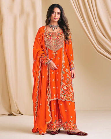 Orange Chinnon Silk Readymade Woman Palazzo Suit With Embroidered Dupatta