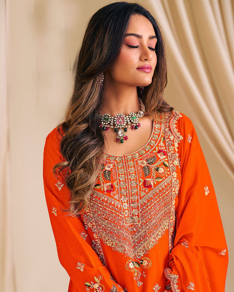 Orange Chinnon Silk Readymade Woman Palazzo Suit With Embroidered Dupatta