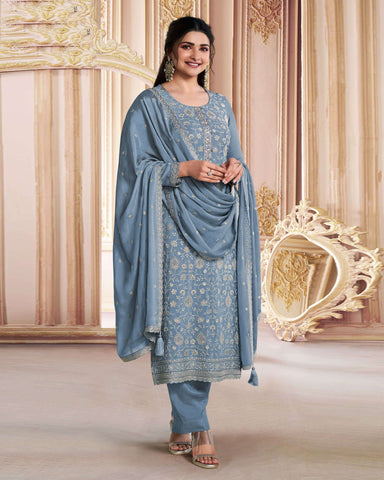 Blue Women Plus Size Customized Thread Work Chinnon Pant Suit With Embroidered Dupatta