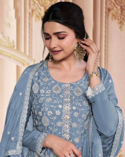 Blue Women Plus Size Customized Thread Work Chinnon Pant Suit With Embroidered Dupatta