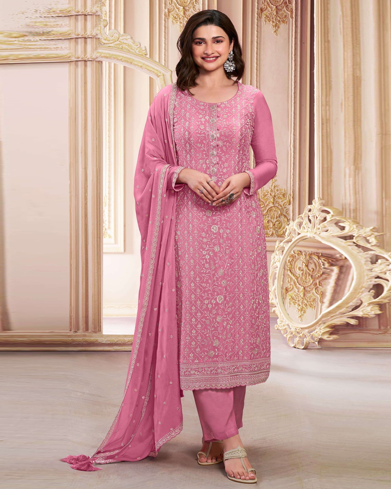 Baby Pink Women Plus Size Customized Thread Work Chinnon Pant Suit With Embroidered Dupatta