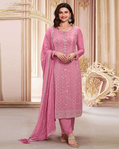 Baby Pink Women Plus Size Customized Thread Work Chinnon Pant Suit With Embroidered Dupatta