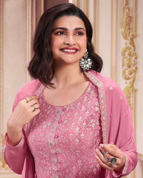 Baby Pink Women Plus Size Customized Thread Work Chinnon Pant Suit With Embroidered Dupatta