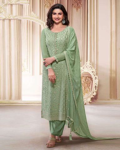 Green Women Plus Size Customized Thread Work Chinnon Pant Suit With Embroidered Dupatta