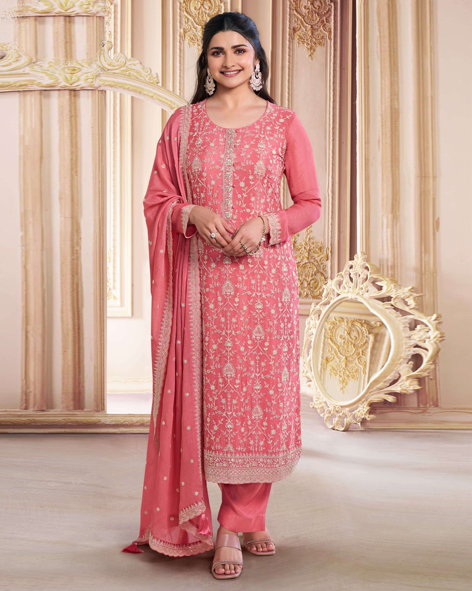 Pink Women Plus Size Customized Thread Work Chinnon Pant Suit With Embroidered Dupatta