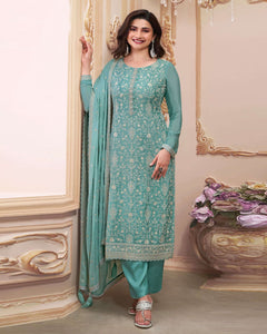 Sea Blue Women Plus Size Customized Thread Work Chinnon Pant Suit With Embroidered Dupatta