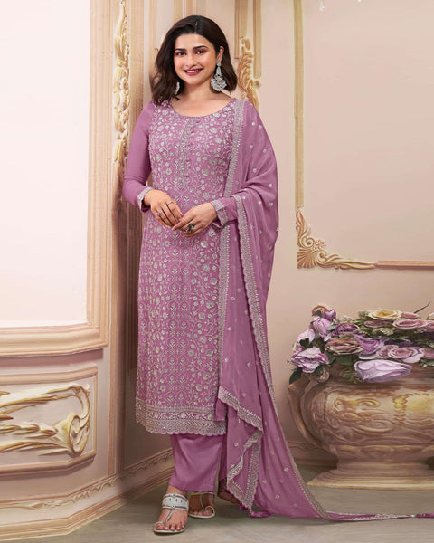 Lavender Women Plus Size Customized Thread Work Chinnon Pant Suit With Embroidered Dupatta