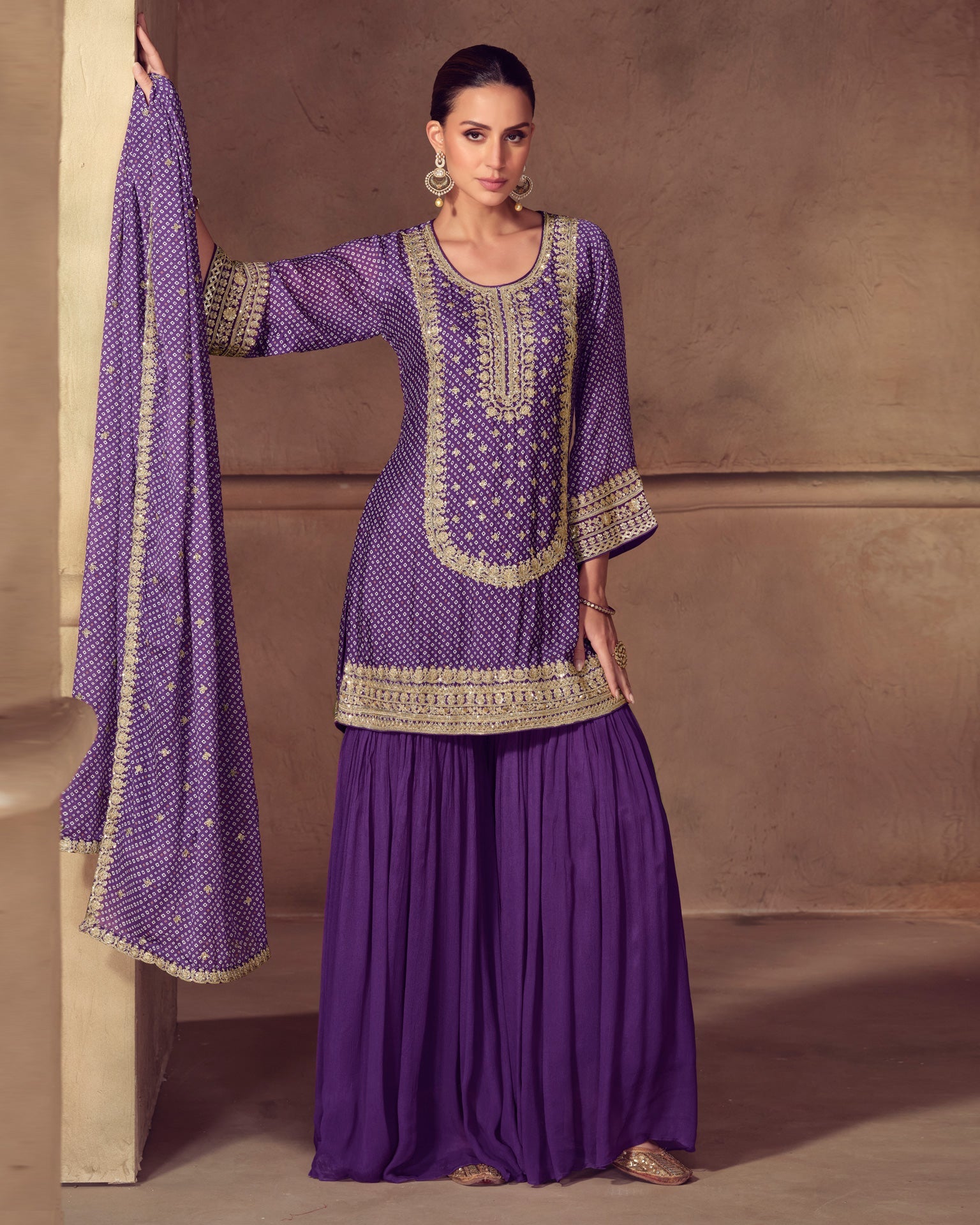 Purple Chinnon Silk Digital Print Zari Sequins Work Women Readymade Palazzo Suit
