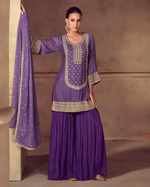 Purple Chinnon Silk Digital Print Zari Sequins Work Women Readymade Palazzo Suit