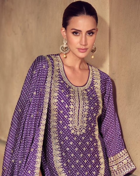 Purple Chinnon Silk Digital Print Zari Sequins Work Women Readymade Palazzo Suit