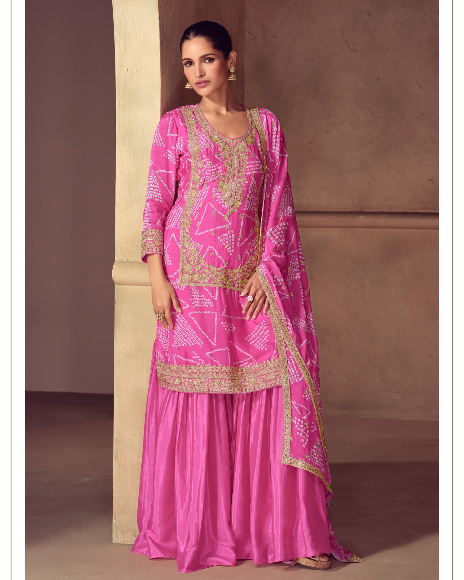 Pink Chinnon Silk Digital Print Zari Sequins Work Women Readymade Palazzo Suit