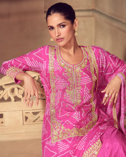 Pink Chinnon Silk Digital Print Zari Sequins Work Women Readymade Palazzo Suit