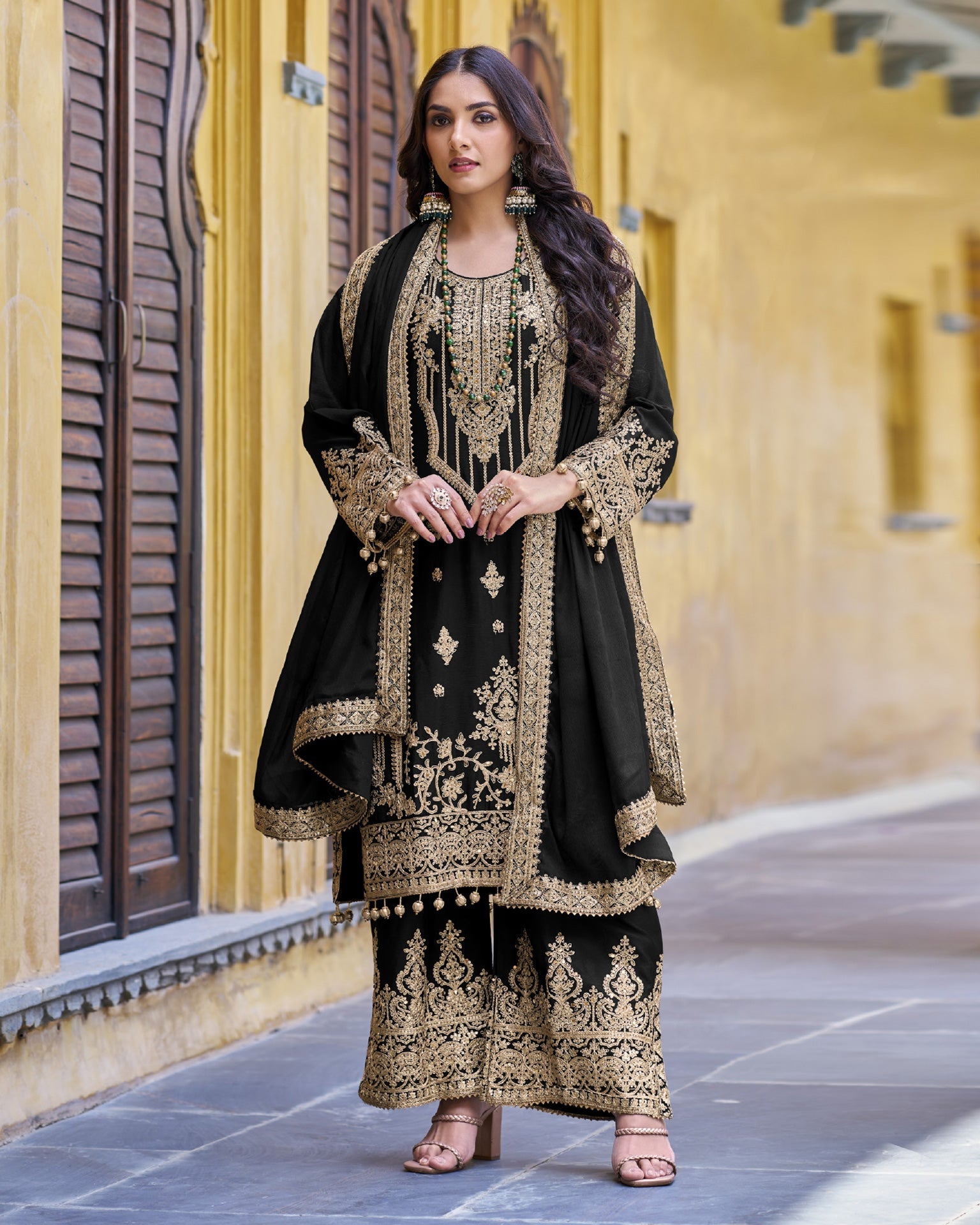 Black Readymade Bridal Salwar Suit With Stone & Zari Work & Embroidered Palazzo & Dupatta