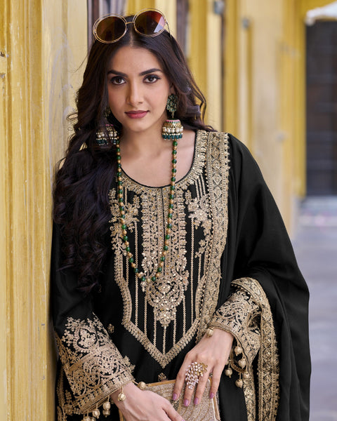 Black Readymade Bridal Salwar Suit With Stone & Zari Work & Embroidered Palazzo & Dupatta