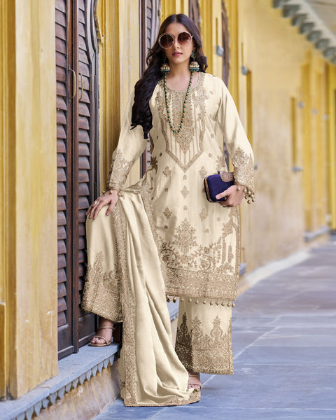 Cream Readymade Bridal Salwar Suit With Stone & Zari Work & Embroidered Palazzo & Dupatta