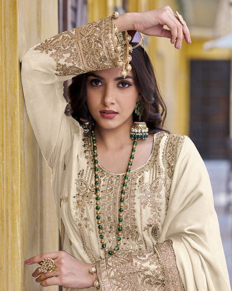 Cream Readymade Bridal Salwar Suit With Stone & Zari Work & Embroidered Palazzo & Dupatta