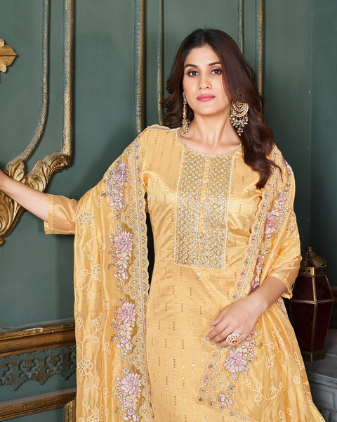 Yellow Organza Sequins Work Churidar Suit With Embroidered Organza Dupatta
