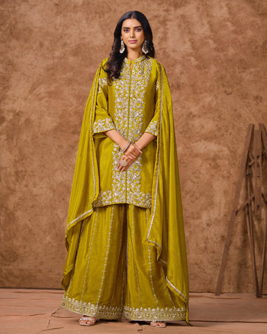 Chinnon Silk Mehendi Green Embroidered Women Readymade Palazzo Suit