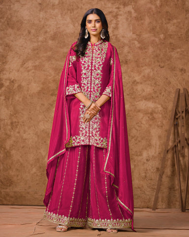 Chinnon Silk Pink Embroidered Women Readymade Palazzo Suit