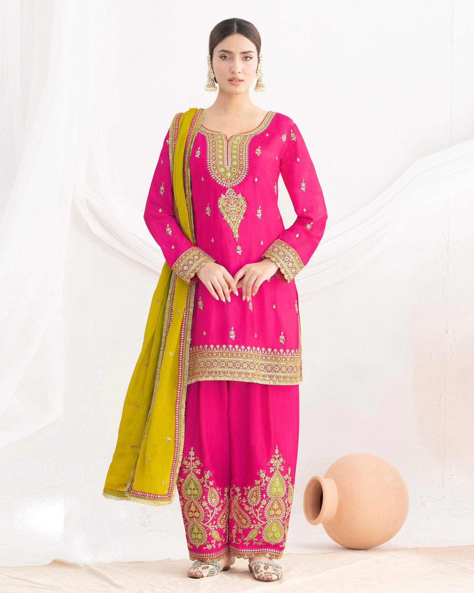 Pink Chinnon Silk Dabka Work Women Readymade Farasi Salwar Suit