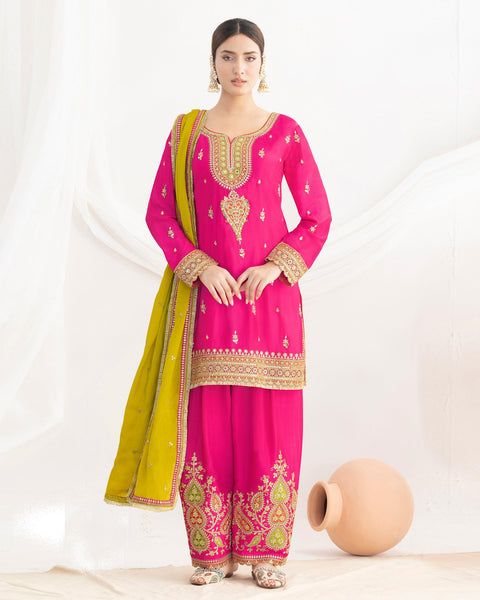 Pink Chinnon Silk Dabka Work Women Readymade Farasi Salwar Suit