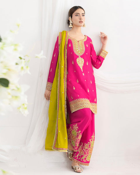 Pink Chinnon Silk Dabka Work Women Readymade Farasi Salwar Suit